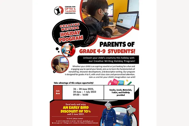 Poster Creative Writing Holiday Program Juni sampai Juli 2023