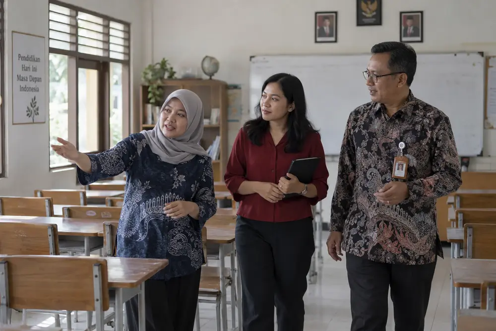 Ilustrasi konsultan berdiskusi dengan guru dan kepala sekolah Indonesia di ruang kelas