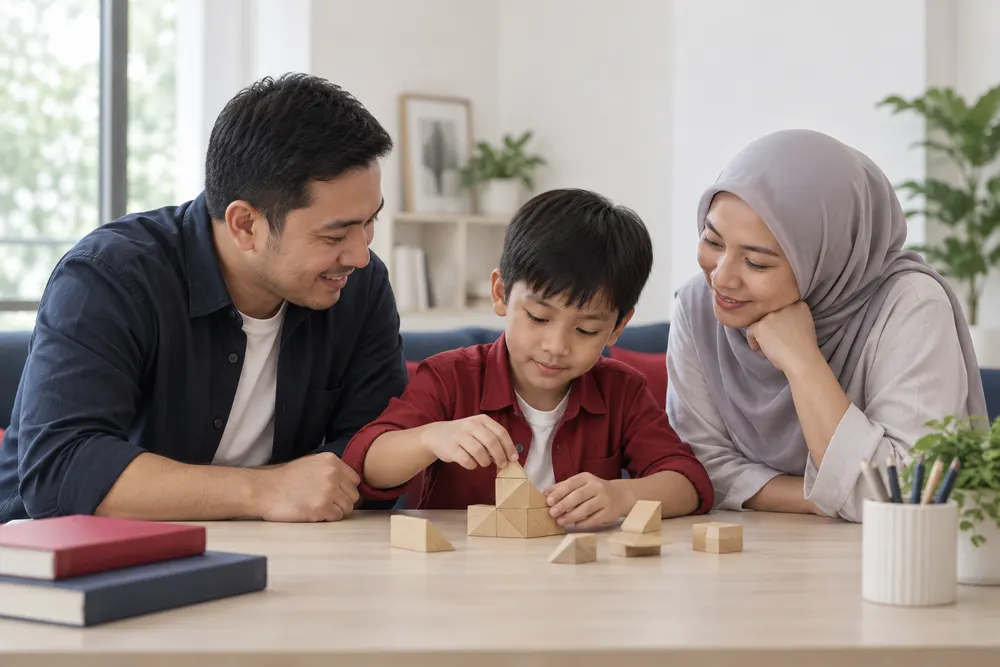Ilustrasi orang tua Indonesia mendampingi anak laki-laki menyusun puzzle geometri di meja belajar