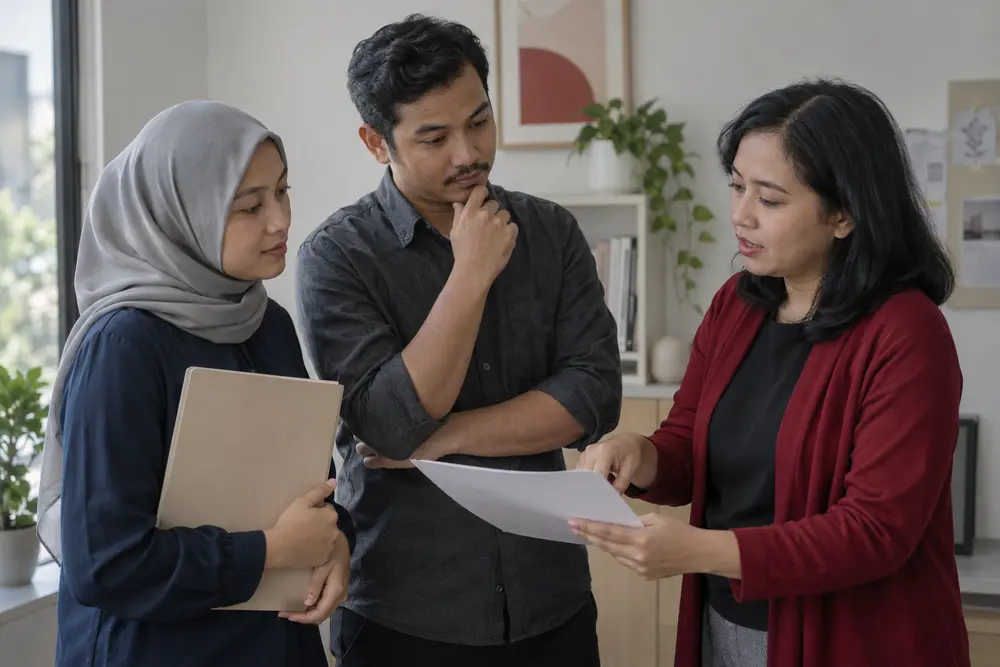 Ilustrasi profesional Indonesia berdiskusi meninjau rujukan dan pendampingan anak