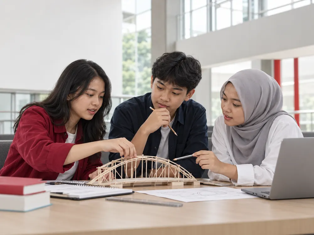 Ilustrasi tiga remaja Indonesia berkolaborasi merancang model jembatan di ruang belajar
